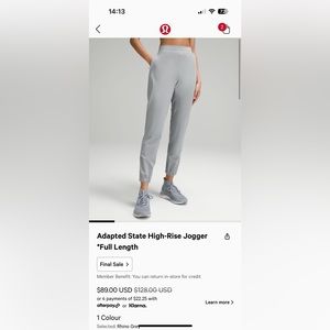 NWT - Lululemon adapted state high rise jogger full length size 4 rhino grey